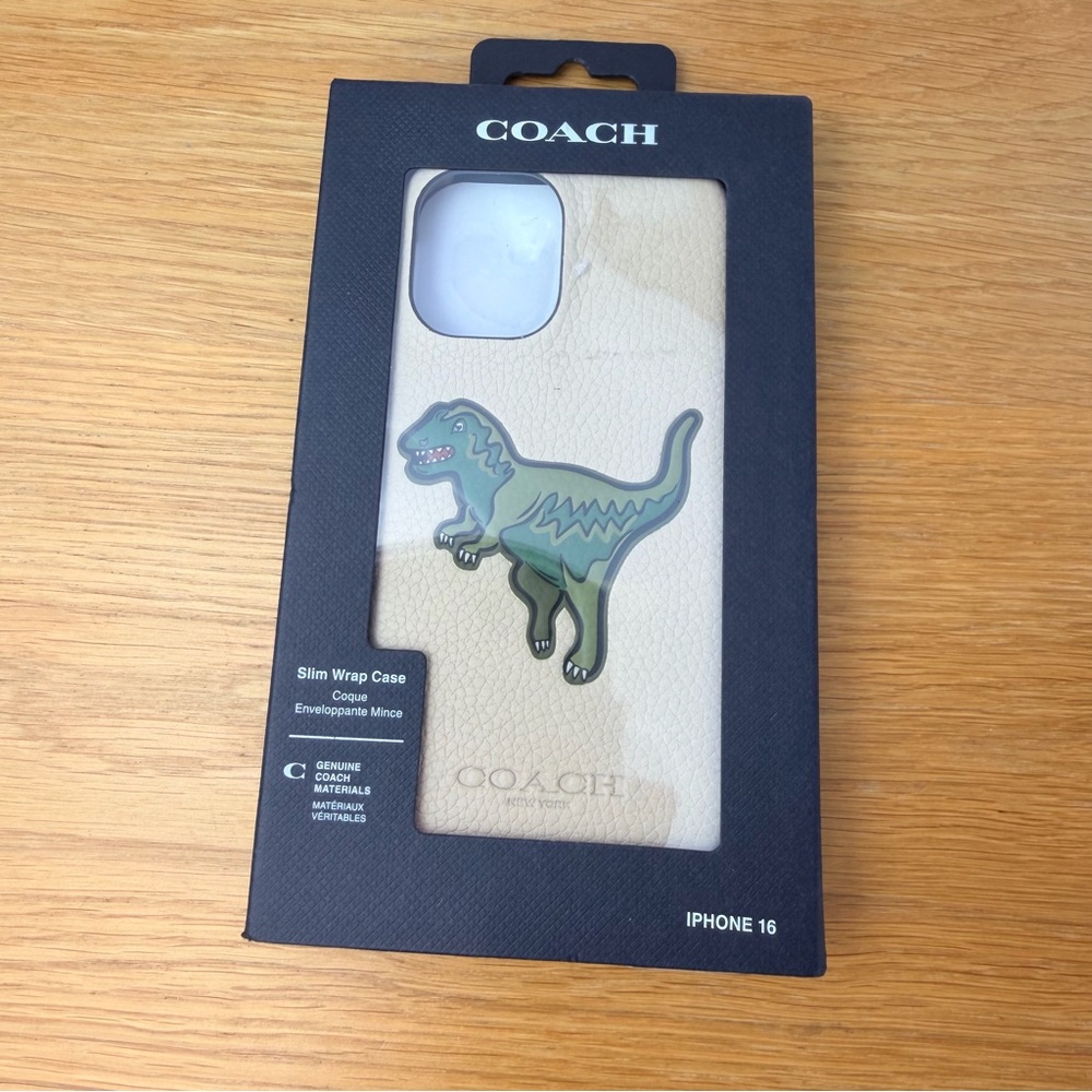 Coach Genuine Debossed Pebbled Leather Slim Wrap iPhone 16 dinosaur design NWT